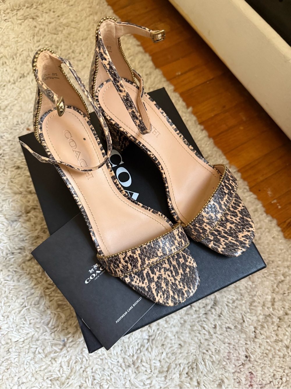 Coach Leopard-Print Ankle Strap Heels in Brown and Tan